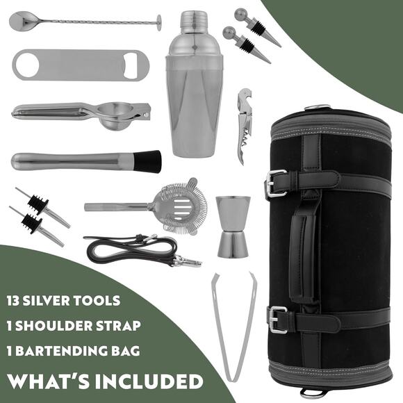 Highland Craft Travel Bartending Kit Bar Set with Black Canvas Roll Up Bag - Picture 5 of 8